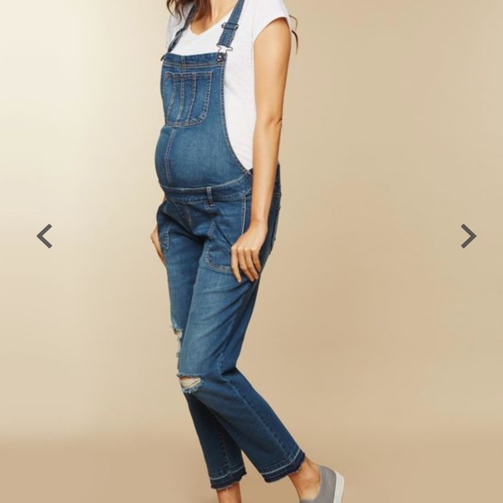 Indigo Blue Distressed Cropped Maternity Overalls